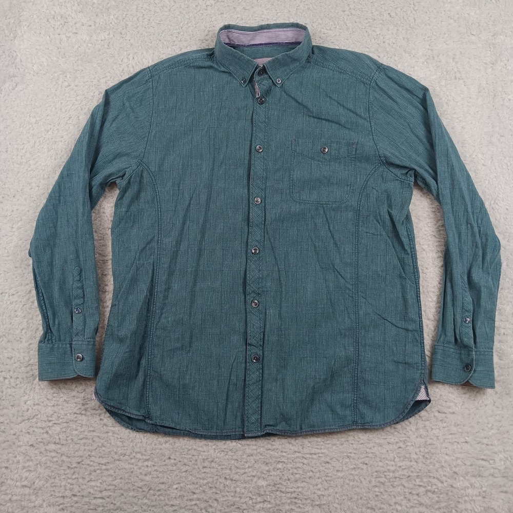 32 Bar Blues Shirt Mens XL Teal Plaid Long Sleeve Button Down Contrast Trim